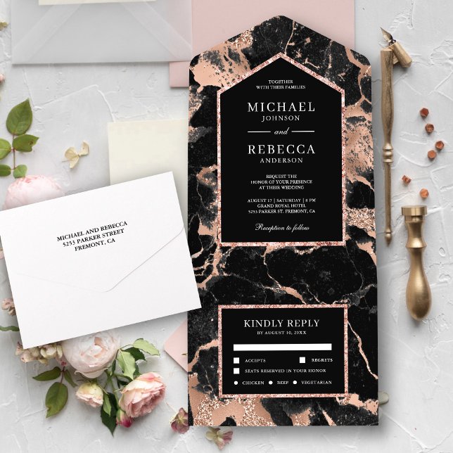 Charcoal Black Marble Faux Rose Gold Foil Wedding All In One Invitation (Creator Uploaded)