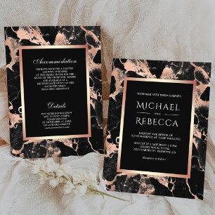 Charcoal Black Marble Rose Gold All in One Wedding Invitation