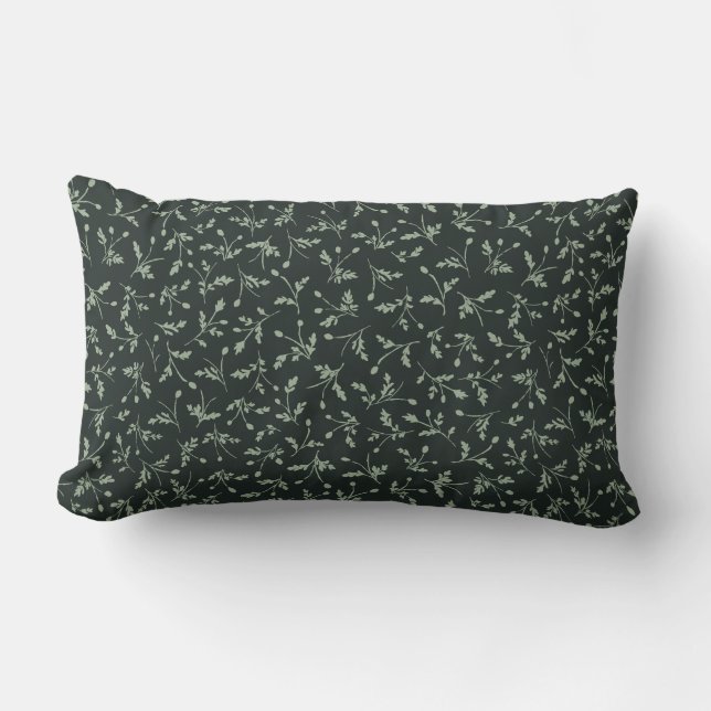 Charcoal Black Modern Farmhouse Daisy Buds Pattern Lumbar Pillow (Front)