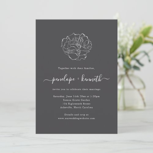 Charcoal Black Peony Line Art Wedding Script Invitation