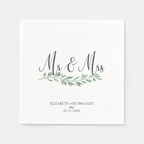 Charcoal Black Script Mr  Mrs Greenery Wedding Napkins