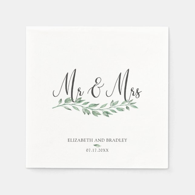 Charcoal Black Script Mr & Mrs Greenery Wedding Napkins (Front)
