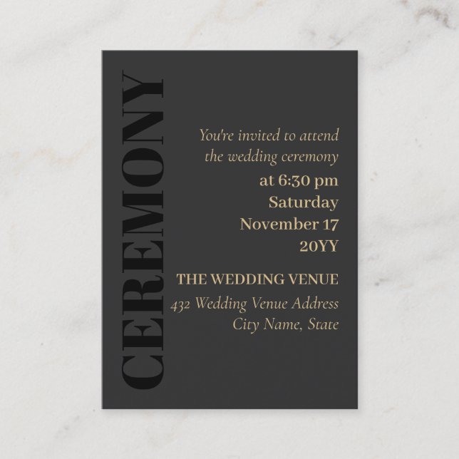 Charcoal Black Typography Wedding Ceremony Enclosure Card (Front)