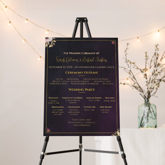 Charcoal Black Velvet Wedding Program Double-Sided Foam Board (In Situ (Stand))