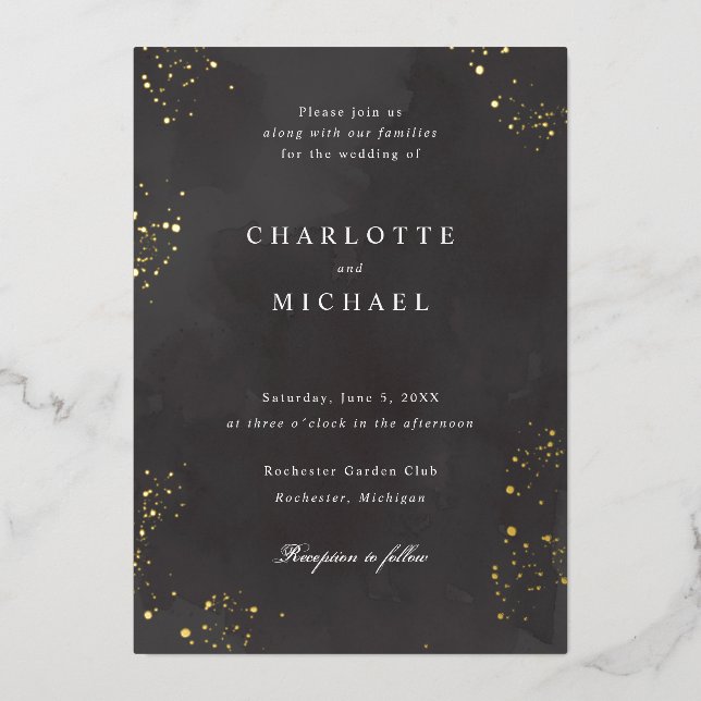 charcoal black watercolor wedding gold foil invitation (Front)