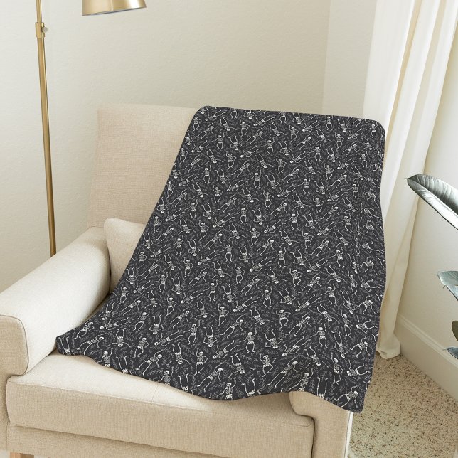 Charcoal Black & White Halloween Skeleton Pattern Fleece Blanket (Creator Uploaded)