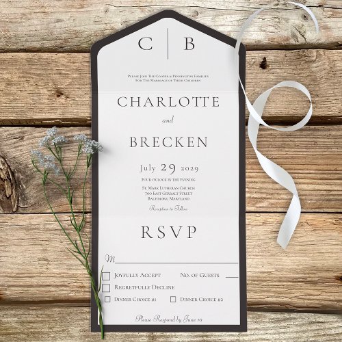 Charcoal Black  White Monogram Minimal Dinner All In One Invitation