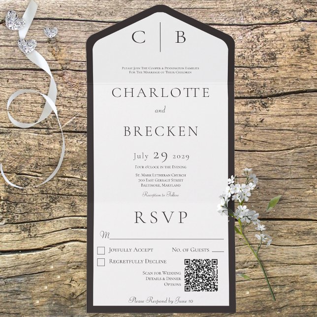 Charcoal Black & White Monogram Minimal QR Code All In One Invitation (Creator Uploaded)