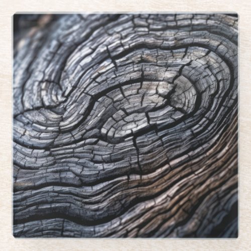 Charcoal Black Wood Grain Texture Glass Coaster