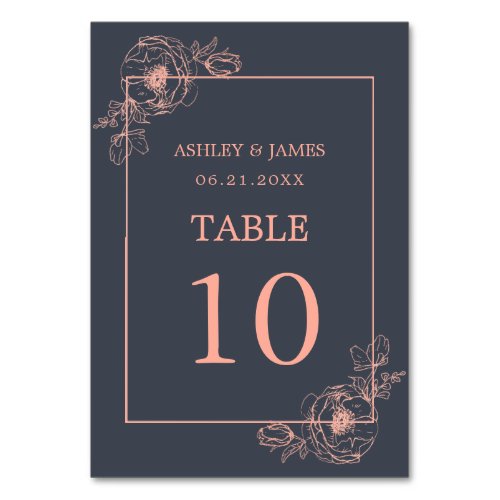 Charcoal Blue Rose Gold Floral Outline Wedding Table Number