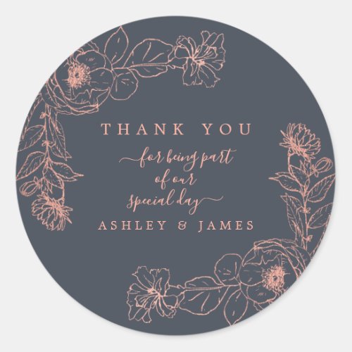 Charcoal Blue Rose Gold Floral Wedding Thank You Classic Round Sticker