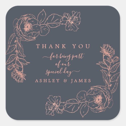 Charcoal Blue Rose Gold Floral Wedding Thank You Square Sticker