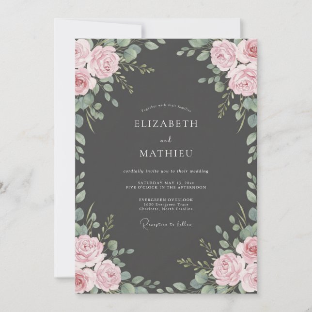 Charcoal Blush Blossom Wedding Invitation (Front)