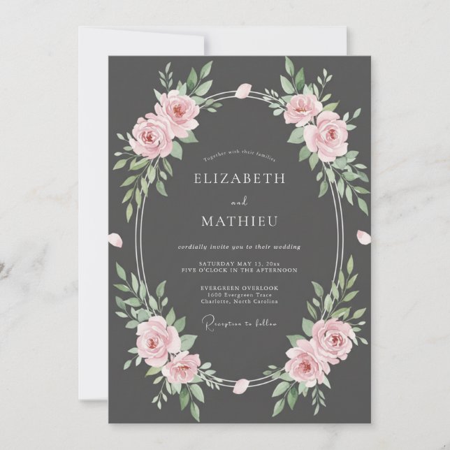 Charcoal Blush Leafy Wedding Invitation (Front)