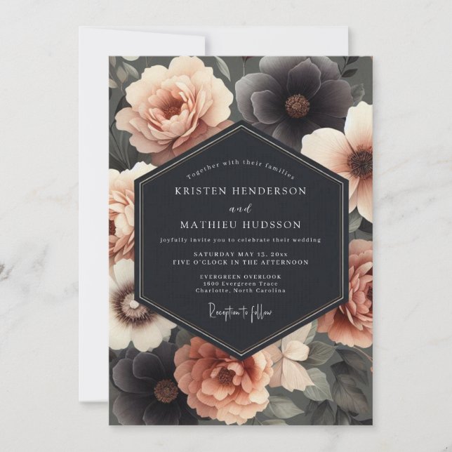 Charcoal & Blush Somber Bloom Wedding Invitation (Front)