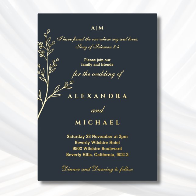Charcoal Botanical Bible Verse Christian Wedding  Foil Invitation (Creator Uploaded)
