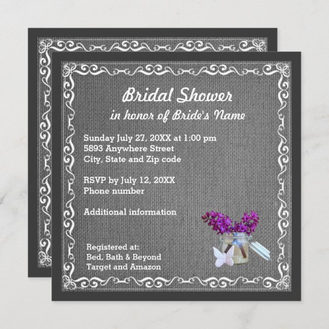 Charcoal Burlap, Purple Flowers, Jar Bridal Shower Invitation (Front/Back)