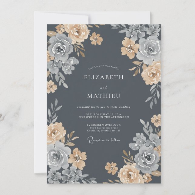Charcoal Champagne Ranunculus Eucalyptus Wedding Invitation (Front)