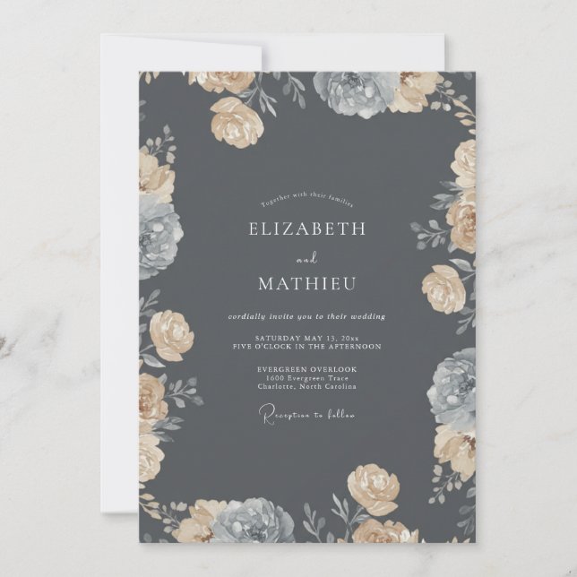 Charcoal Champagne Rose Wedding Invitation (Front)
