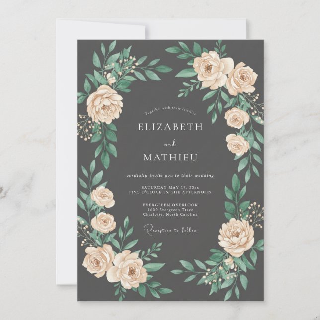 Charcoal Champagne Wreath Wedding Invitation (Front)