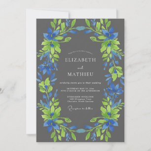 Charcoal Cobalt Wreath Wedding Invitation