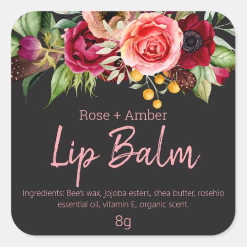 Charcoal Colorful Flowers Lip Balm Tube Labels