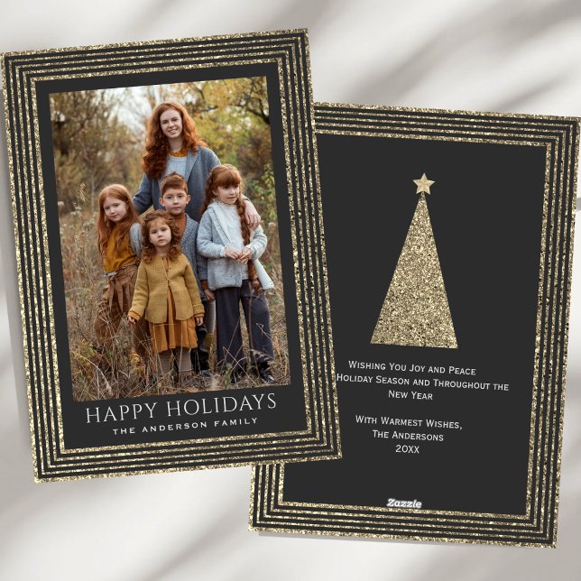 Charcoal Copper Gold Glitter Christmas Tree Photo Holiday Card (Creator Uploaded)