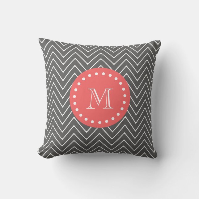 Charcoal Coral Chevron Pattern 2A Monogram Throw Pillow (Front)