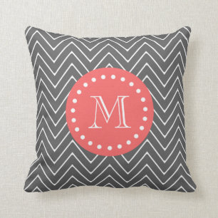 Charcoal Coral Chevron Pattern 2A Monogram Throw Pillow