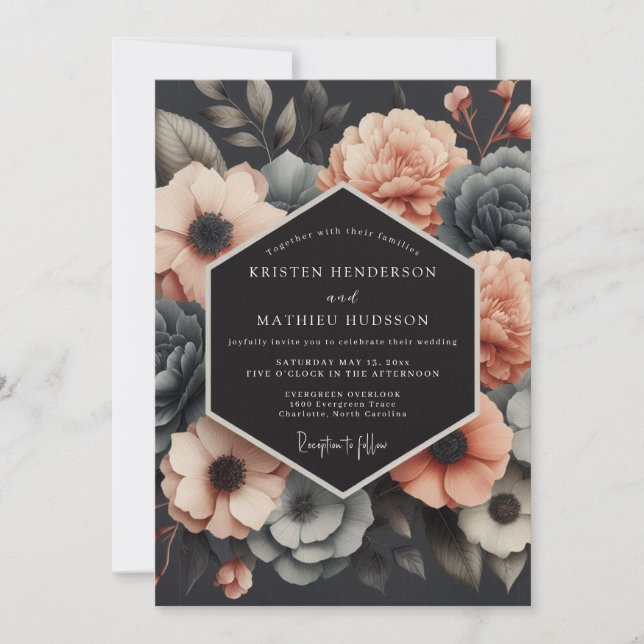 Charcoal & Coral Muted Bloom Wedding Invitation (Front)
