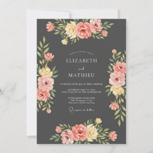 Charcoal Coral Ranunculus Eucalyptus Wedding Invitation