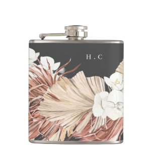 Charcoal Cream Pampas Grass Floral Jungle Wedding Flask