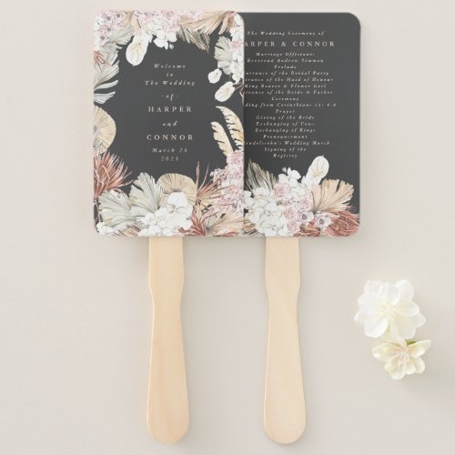 Charcoal Cream Pampas Grass Floral Jungle Wedding Hand Fan