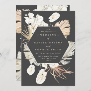 Charcoal Cream Pampas Grass Floral Jungle Wedding Invitation
