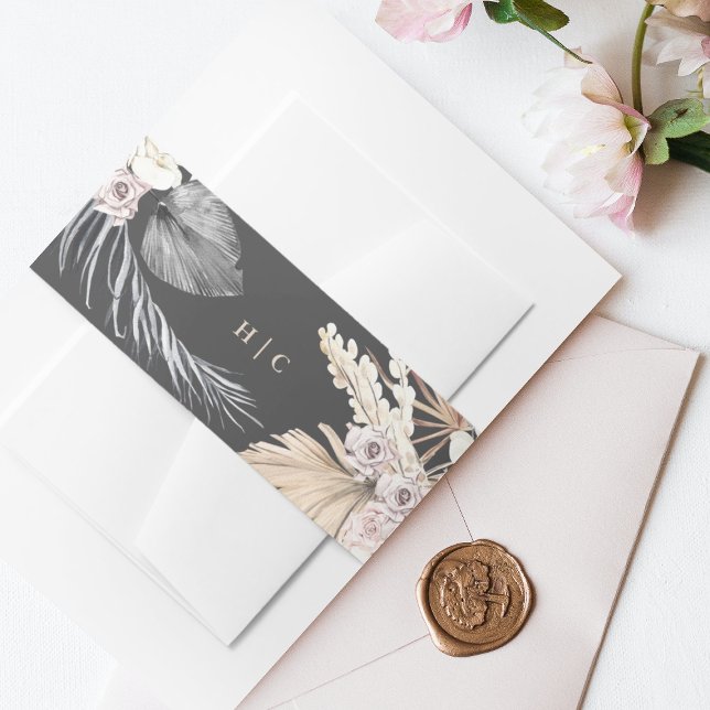 Charcoal Cream Pampas Grass Floral Jungle Wedding Invitation Belly Band (Creator Uploaded)