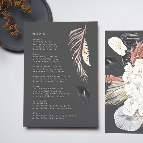 Charcoal Cream Pampas Grass Floral Jungle Wedding Menu