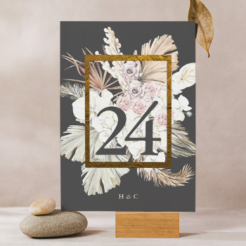 Charcoal Cream Pampas Grass Floral Jungle Wedding Table Number by PhrosneRasDesign at Zazzle