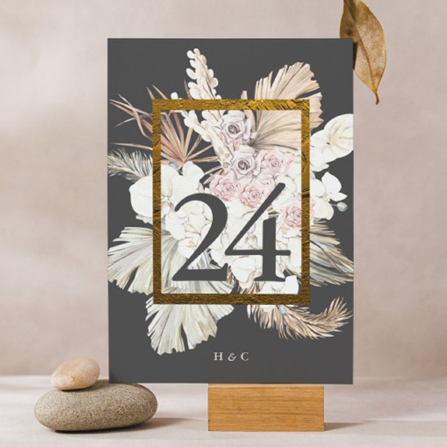 Charcoal Cream Pampas Grass Floral Jungle Wedding Table Number (Creator Uploaded)