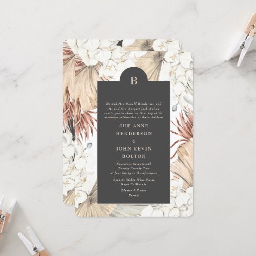 Charcoal Cream Pampas Wreath Floral Border Wedding Invitation