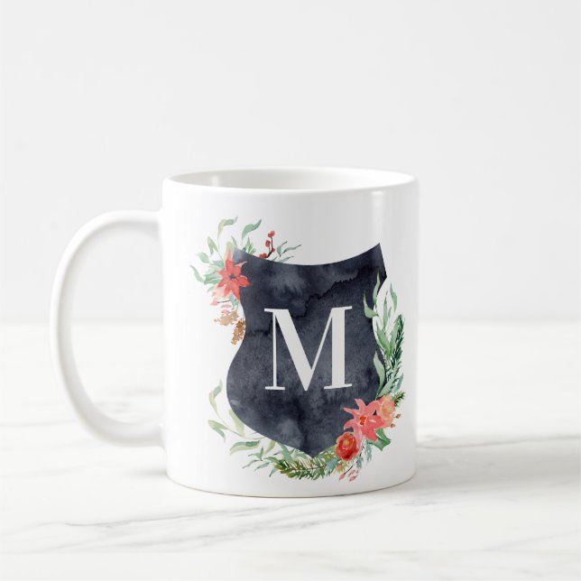 charcoal crest winter floral monogram mug (Left)