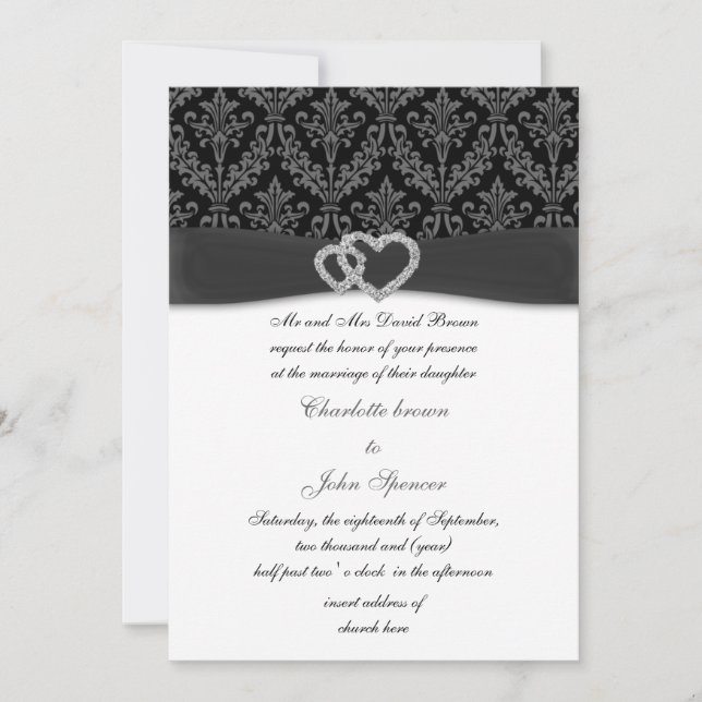 charcoal damask diamante wedding invitation (Front)