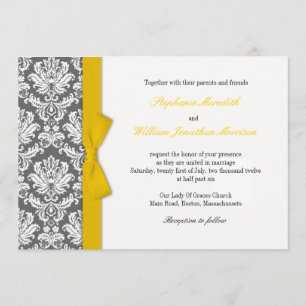 Charcoal Damask Yellow Bow Wedding Invitation