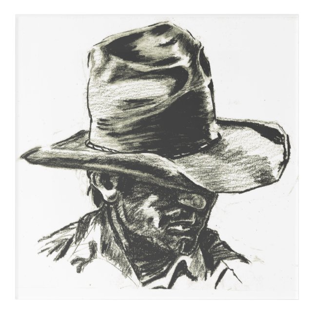 Charcoal Drawing of Cowboy with Hat Acrylic Print (Front)