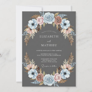 Charcoal Dusty Blue Floral Wedding Invitation