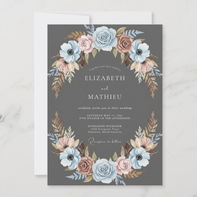 Charcoal Dusty Blue Floral Wedding Invitation (Front)