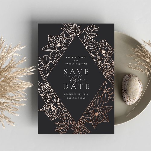 Charcoal  Floral Diamond Foil Save the Date Card