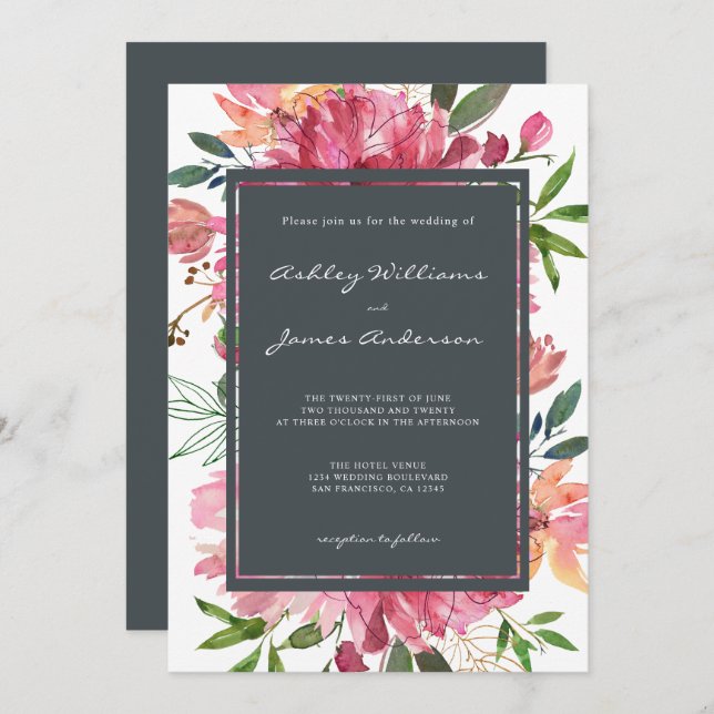 Charcoal Floral Frame Wedding Invitation (Front/Back)