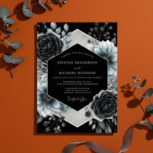 Charcoal Floral Gothic Romance Wedding Invitation (Creator Uploaded)