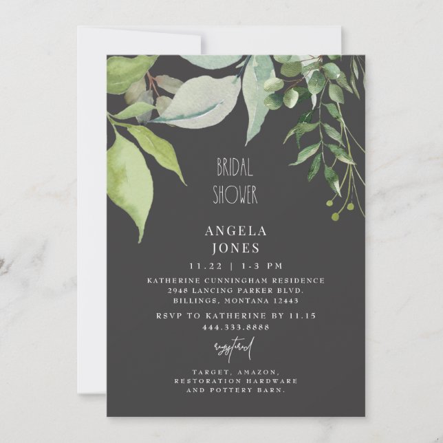 Charcoal Foliage Bridal Shower Greenery  Invitation (Front)