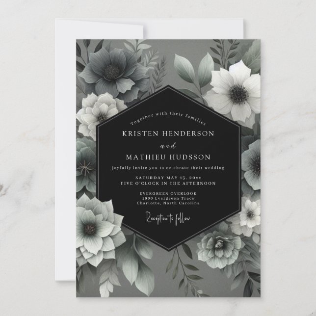Charcoal Ghostly Bloom Wedding Invitation (Front)